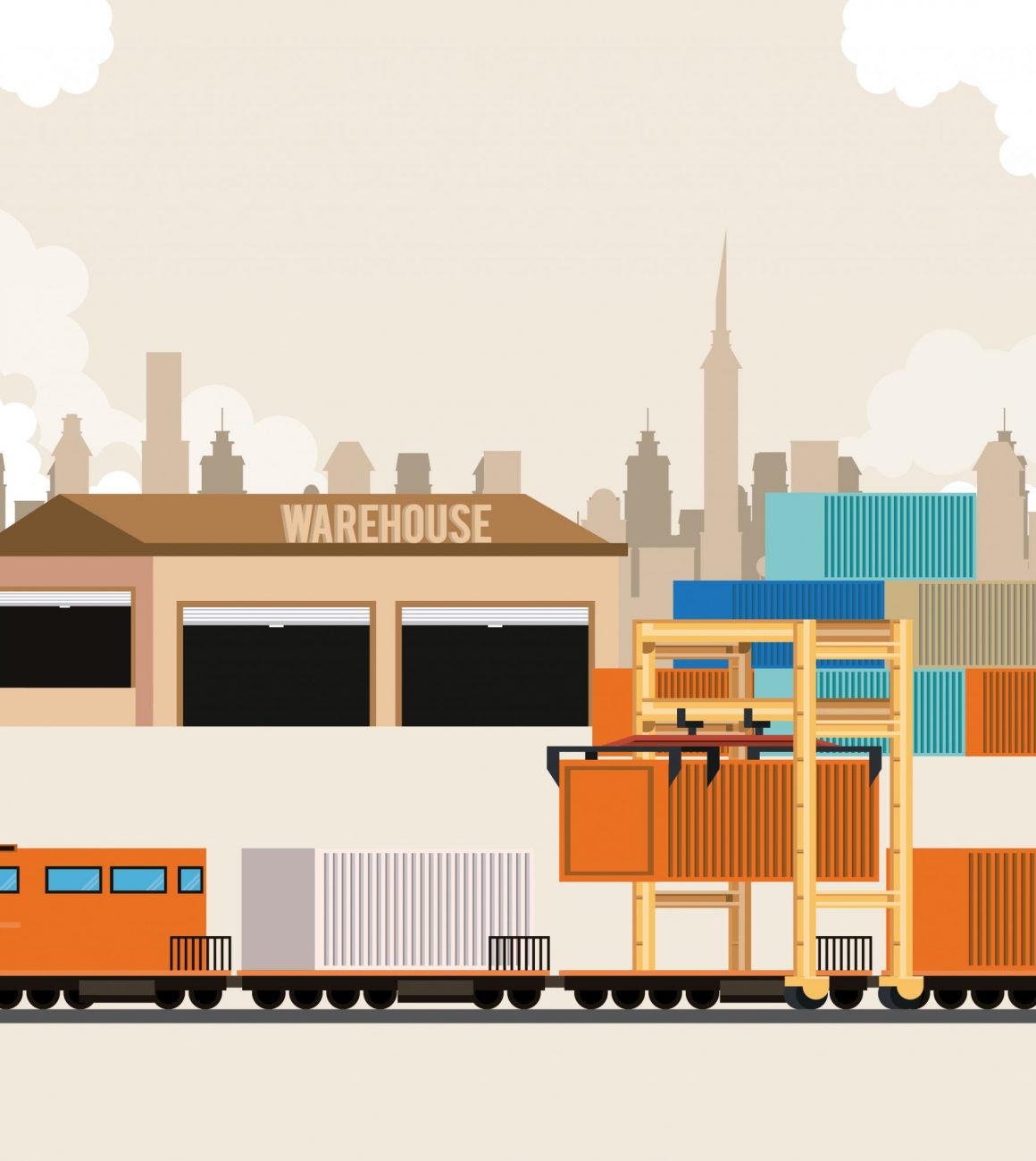 transportation cargo merchandise logistic train waiting to make delivery travel with containers cartoon vector illustration graphic design